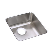 Stainless steel single bowl undermount sink with rounded corners and faucet hole.