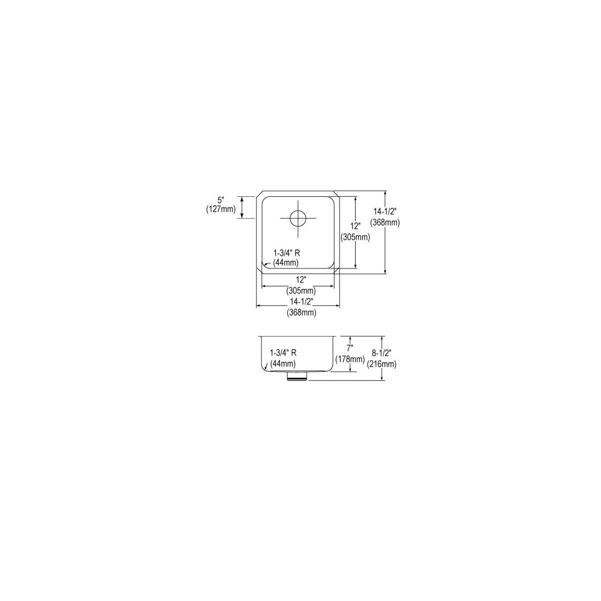 Technical drawing showing top and side views of a square stainless steel undermount sink with dimensions and rounded corners.