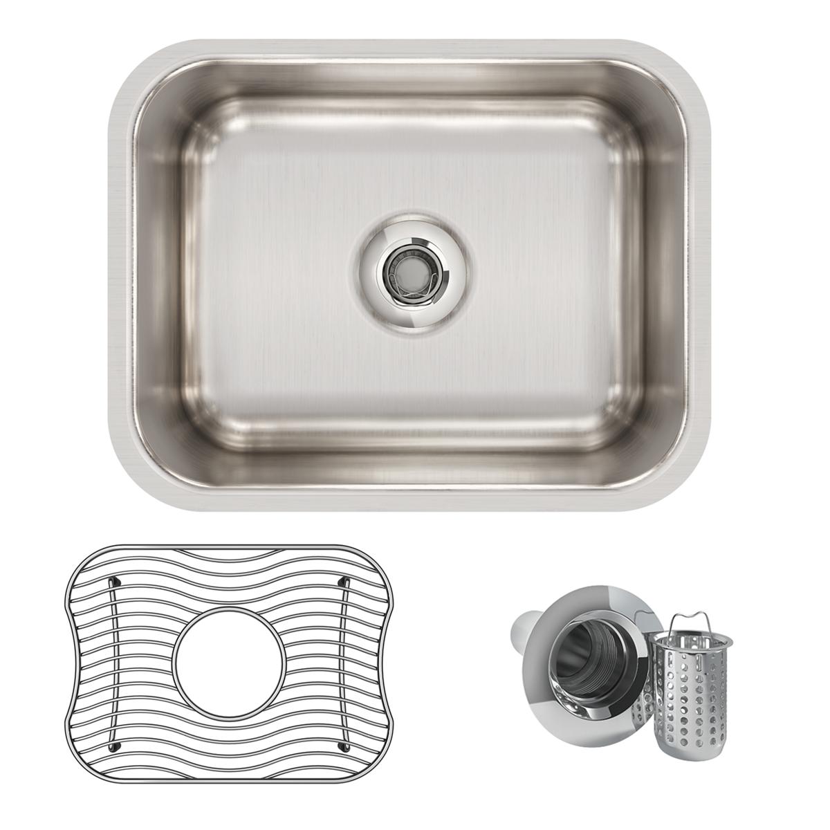 Stainless steel single-bowl undermount sink with rounded corners, drain, protective grid, and strainer basket included.