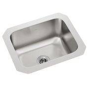 Stainless steel undermount bar sink with single bowl and drain, white rim visible from above.