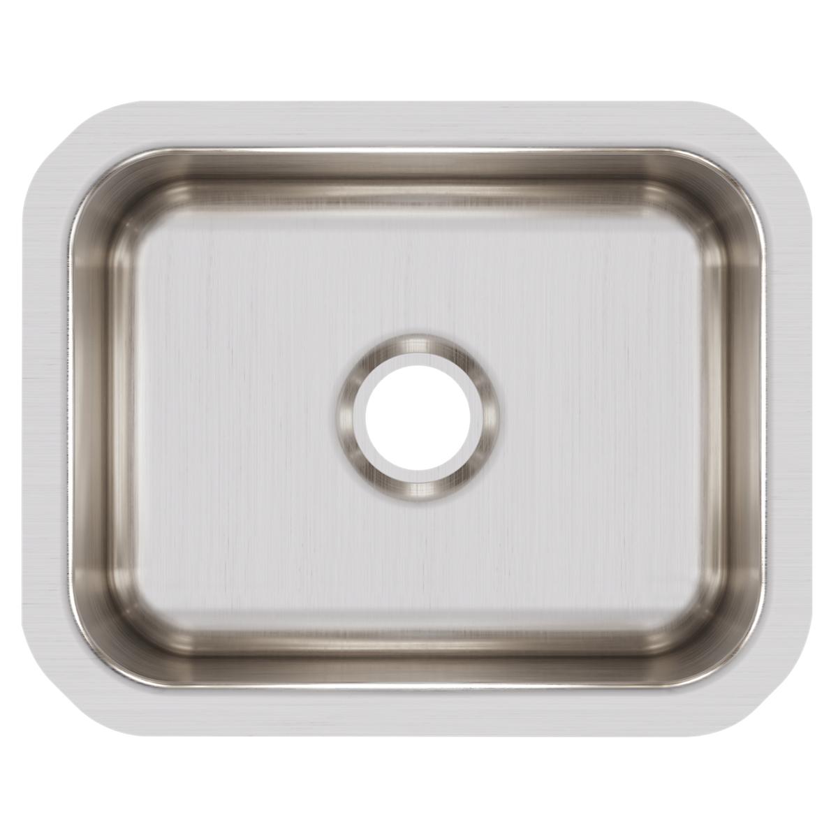 Stainless steel single bowl undermount bar sink with brushed finish and drain hole, viewed from above.