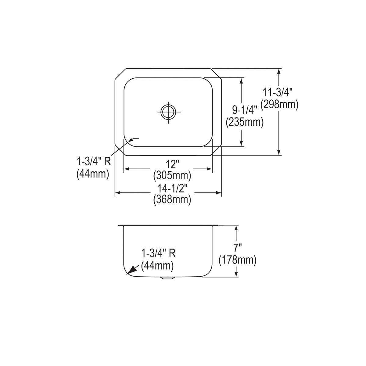 Technical line drawing showing top and side views of a stainless steel undermount bar sink with dimensions and rounded corner