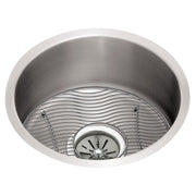 Stainless steel round undermount sink with wave-patterned grid insert and center drain basket.