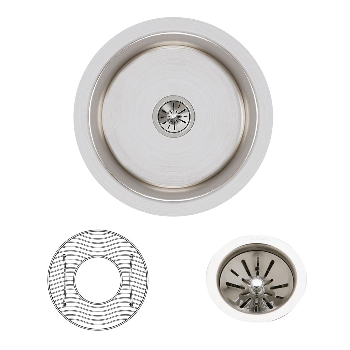 Overhead view of brushed stainless steel circular undermount sink with drain, shown with grid insert and strainer basket.