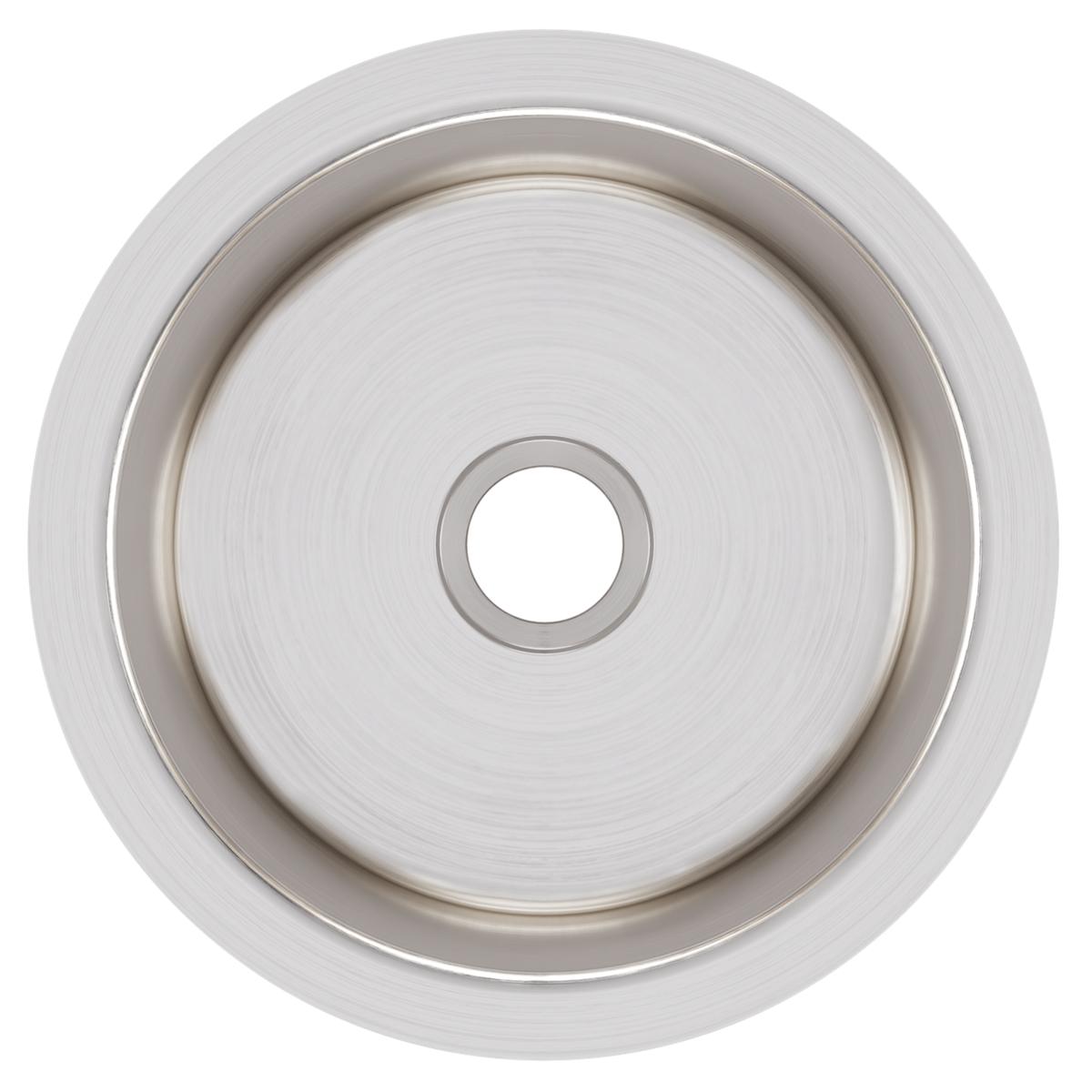 Stainless steel round undermount sink bowl with brushed finish and center drain opening, viewed from above.