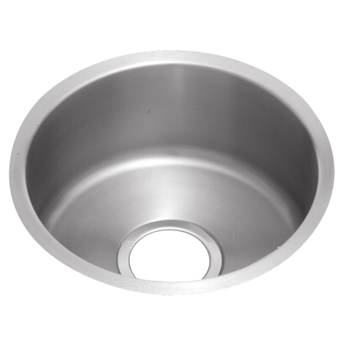 Stainless steel single bowl undermount sink with drain opening, viewed from above.