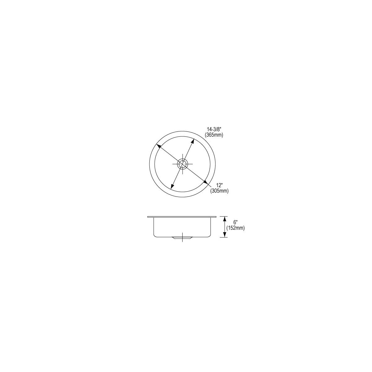 Stainless steel single bowl undermount sink with top and side dimension measurements showing 14-3/8" width and 6" depth.