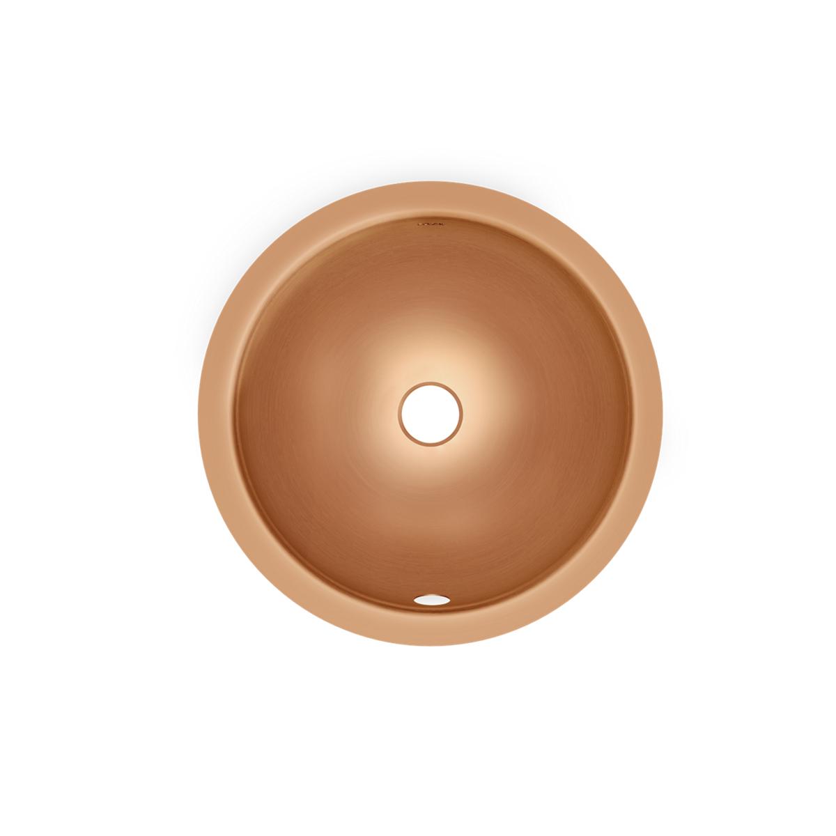Copper-colored round undermount bathroom sink viewed from above with central drain hole and overflow opening.
