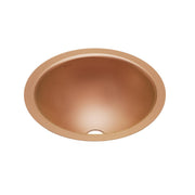 Copper undermount bathroom sink with rounded oval basin and single drain hole.