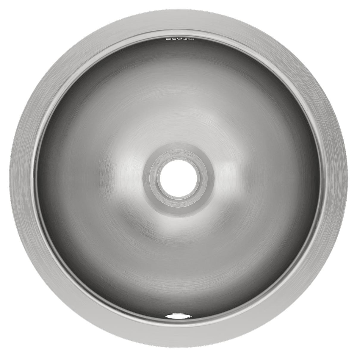 Stainless steel round undermount bathroom sink with single bowl and center drain hole, viewed from above.