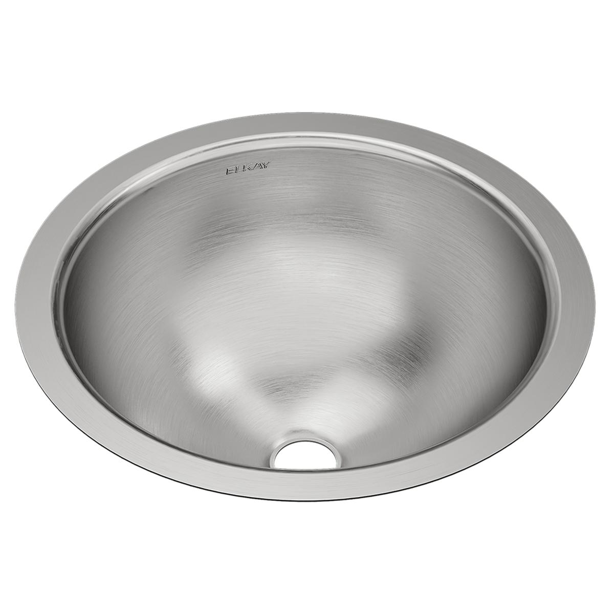 Stainless steel round undermount bathroom sink with brushed finish and single drain hole.