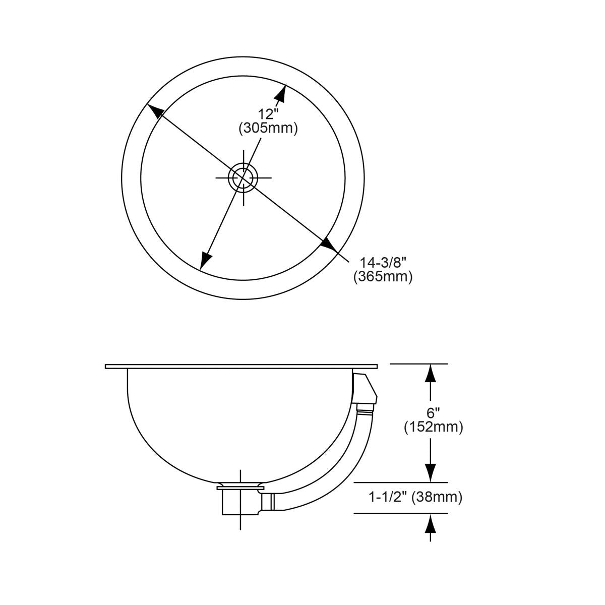 Technical drawings showing top and side views of a round stainless steel undermount bathroom sink with dimensions and overflo