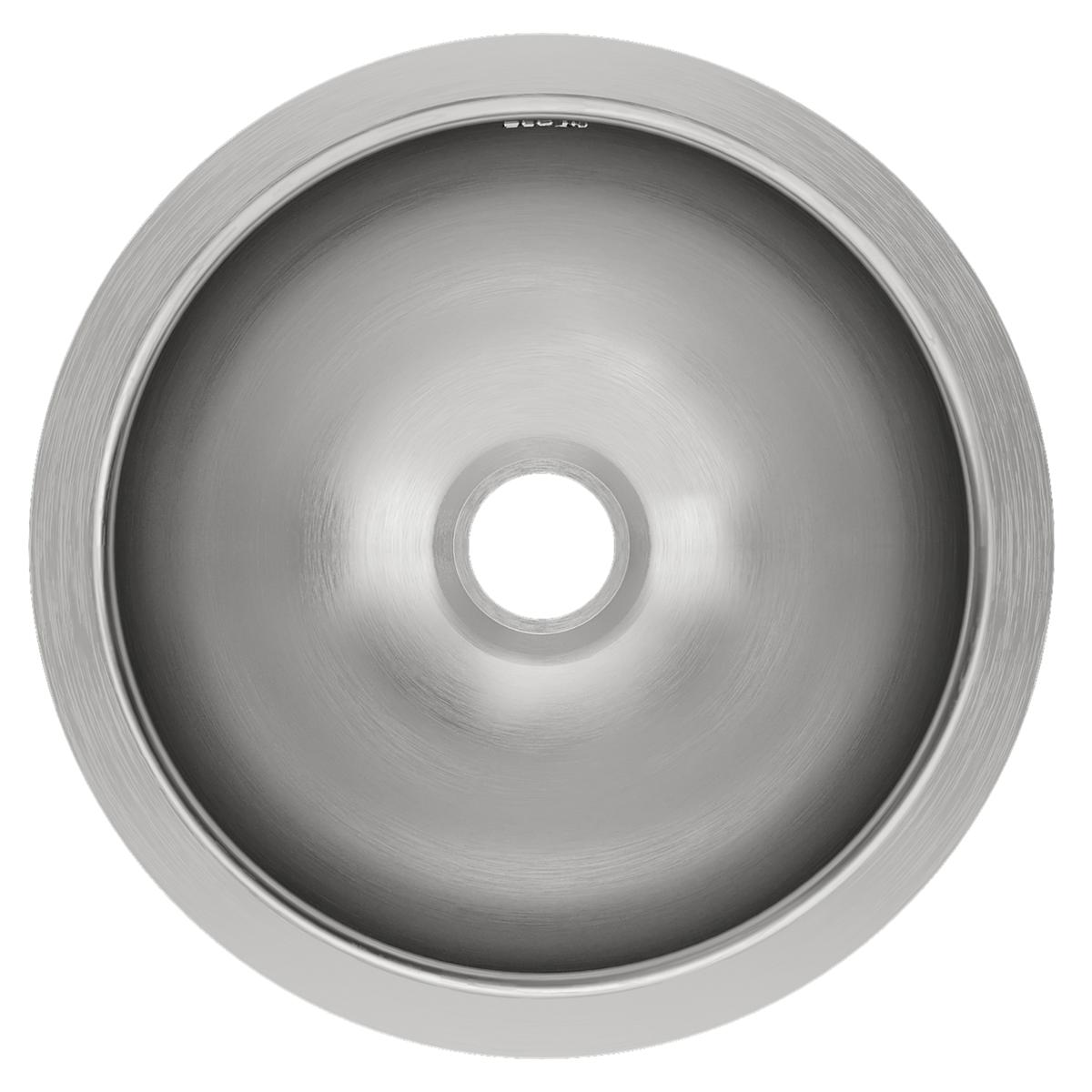 Round stainless steel bathroom sink with single bowl and undermount drain opening, brushed finish.