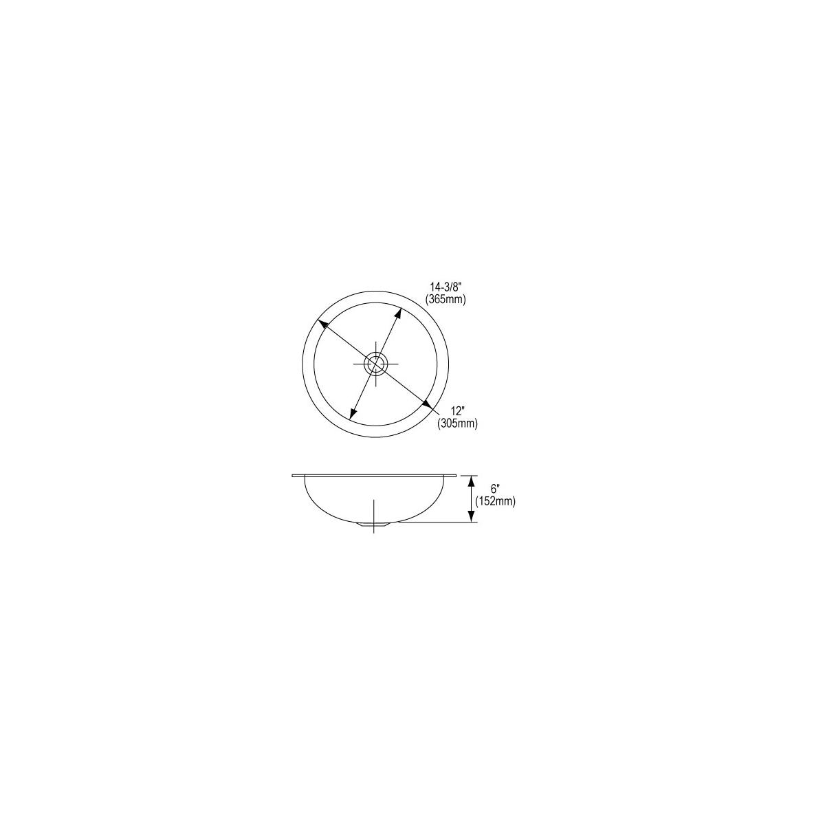 Technical drawing showing top and side views of a round stainless steel undermount bathroom sink with dimensions labeled.