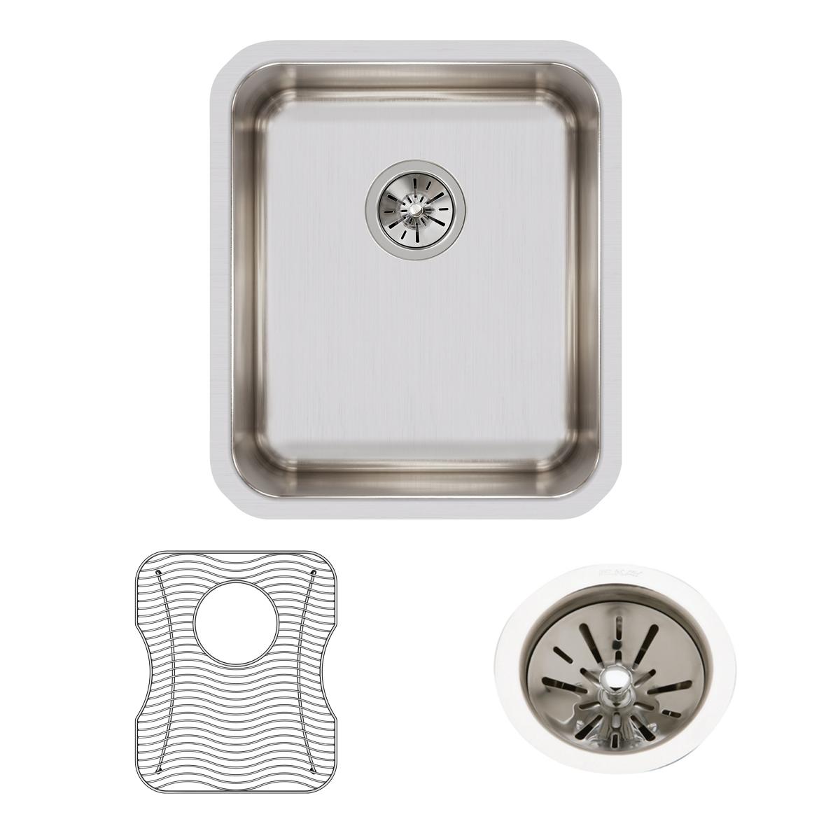 Stainless steel single bowl undermount sink with drain basket and strainer, shown from above with included accessories.