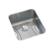 Stainless steel single-bowl undermount sink with rounded corners, drain, and grid insert visible from above.