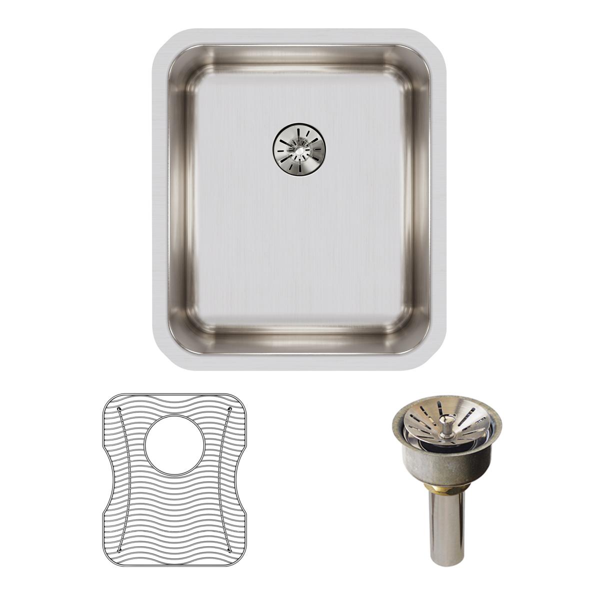 Stainless steel single bowl undermount sink with drain, shown with protective grid and strainer basket.