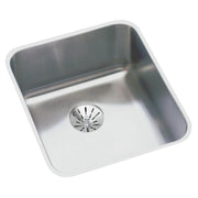 Stainless steel single bowl undermount sink with rounded corners and drain opening in center.