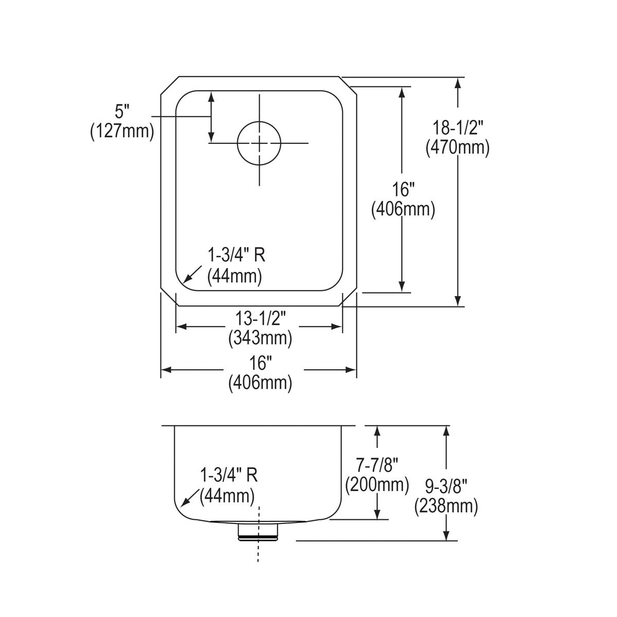 Single bowl stainless steel undermount sink shown in top and side technical drawings with dimensions and drain placement.