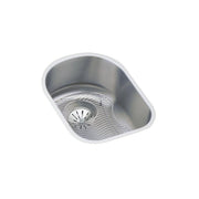 Stainless steel single bowl undermount sink with rounded corners and integrated drain strainer basket.