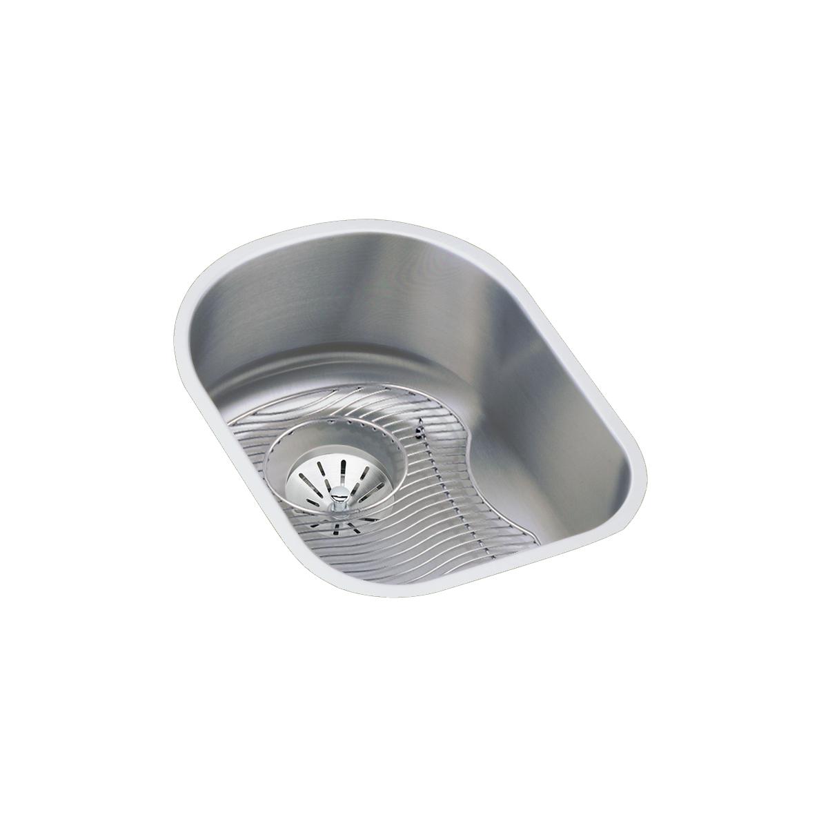 Stainless steel single bowl undermount sink with rounded corners and integrated drain strainer basket.