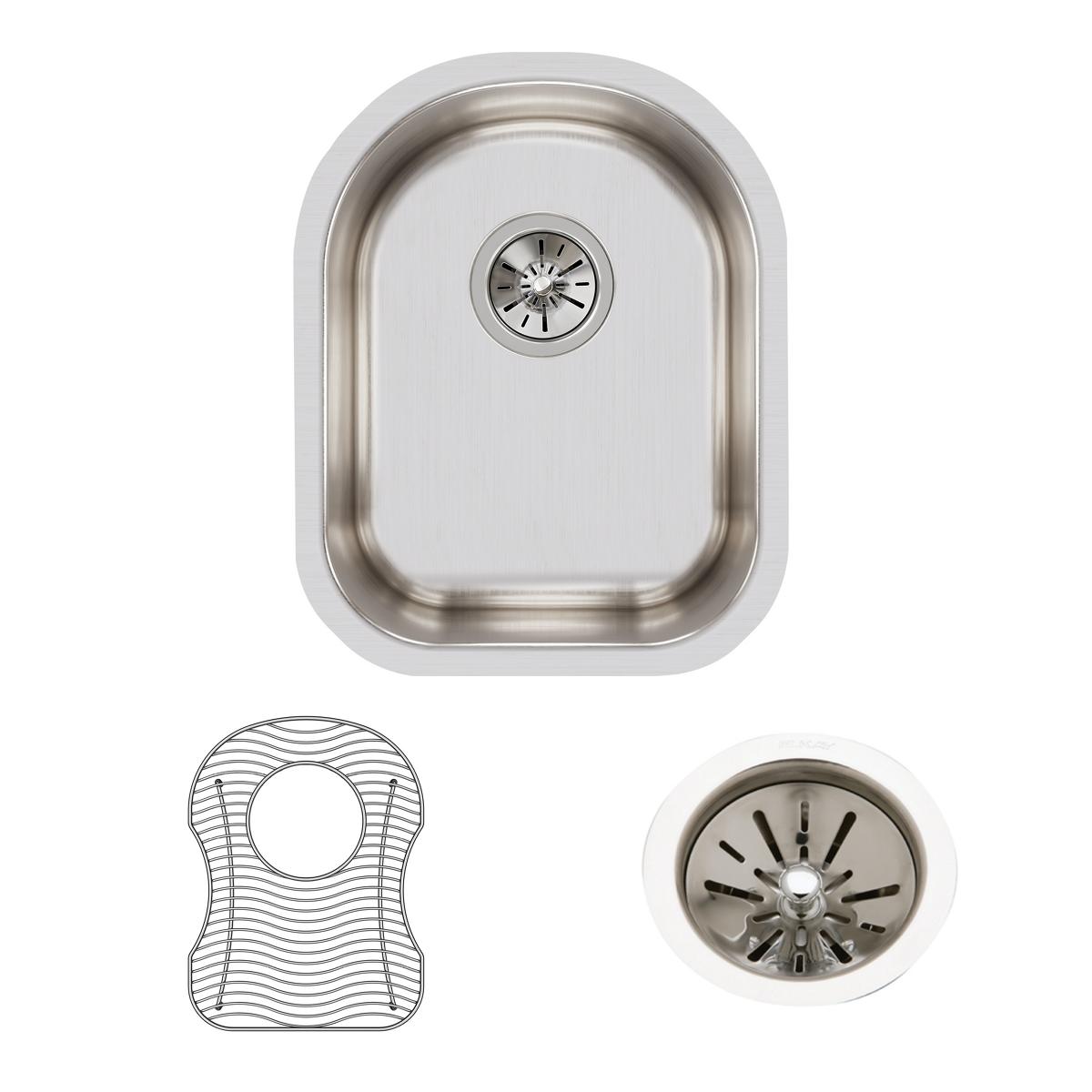 Stainless steel undermount sink bowl with rounded corners shown from above, including drain basket and protective sink mat.