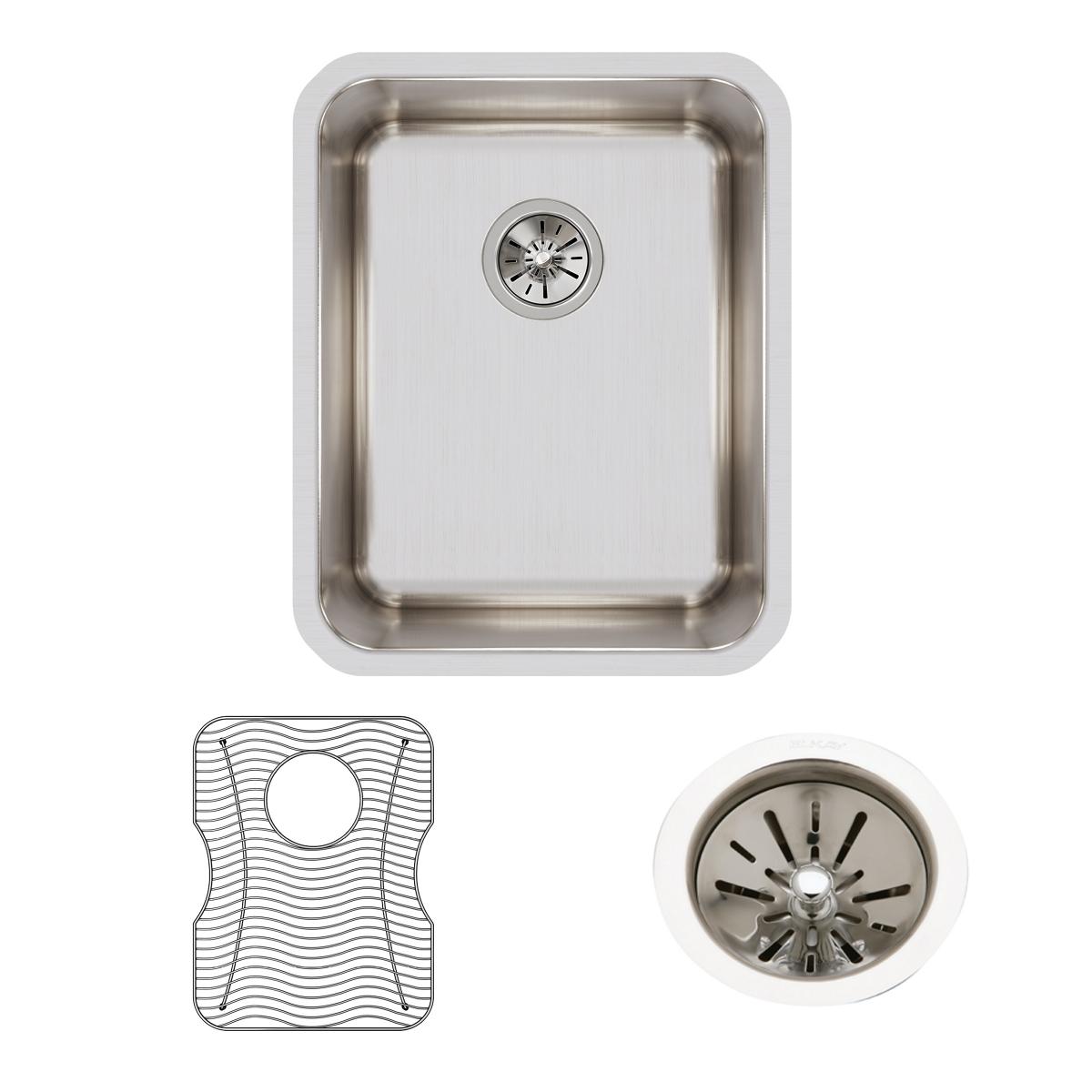 Stainless steel single bowl undermount sink with rounded corners, drain basket, and protective bottom grid included.