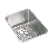 Stainless steel single bowl undermount sink with rounded corners and integrated drain strainer basket.