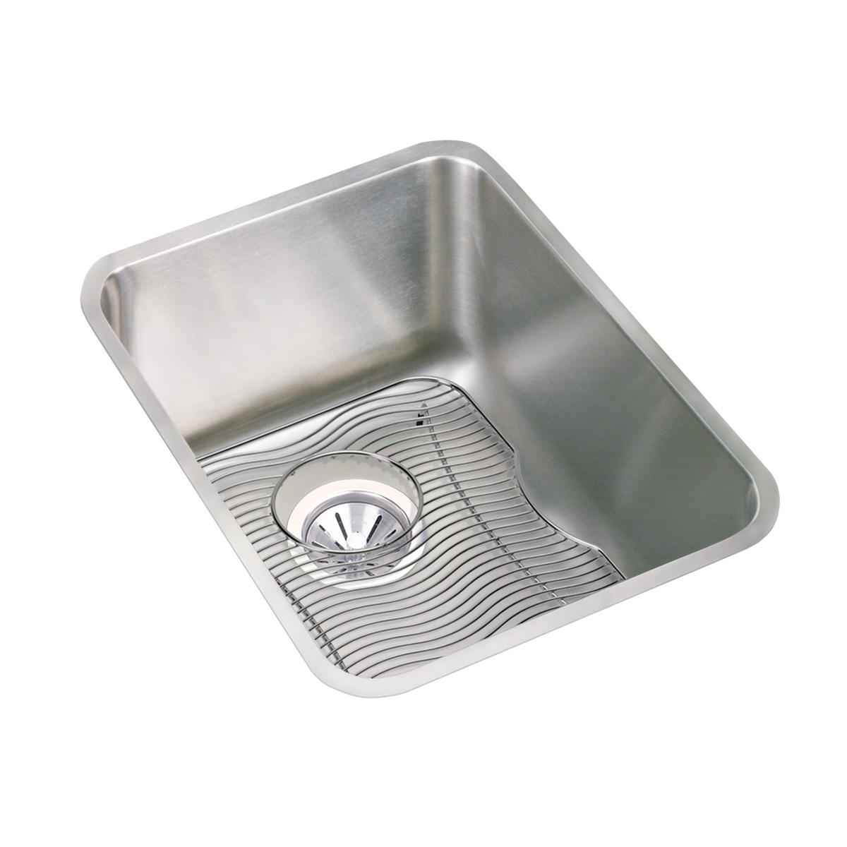 Stainless steel single bowl undermount sink with rounded corners and integrated drain strainer basket.