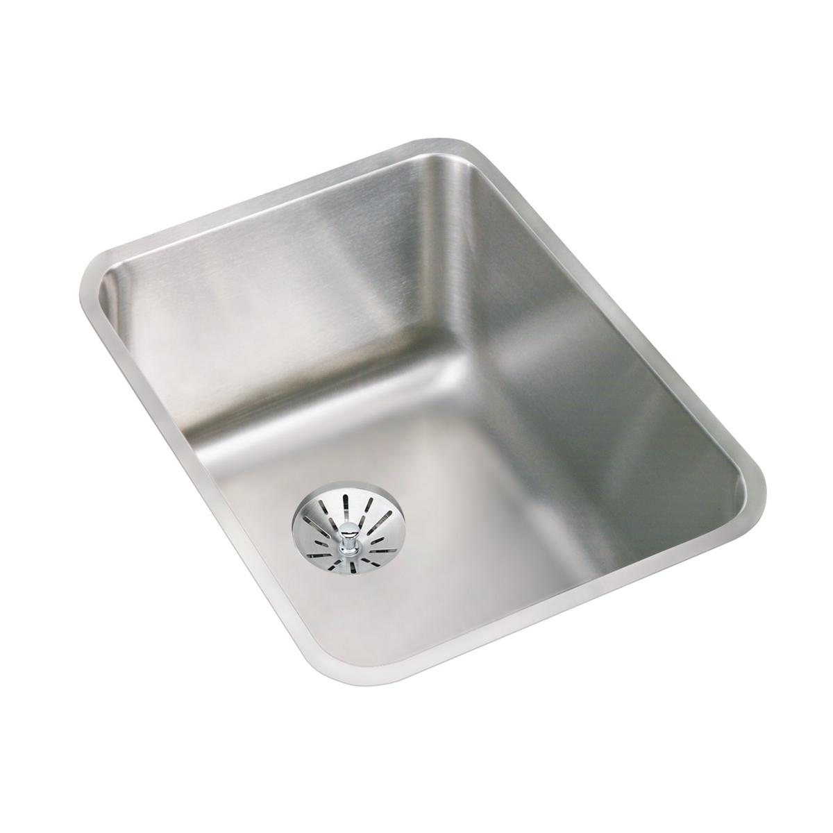 Stainless steel single bowl undermount sink with rounded corners and drain strainer visible.