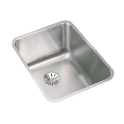 Stainless steel single bowl undermount sink with rounded corners and drain strainer visible.