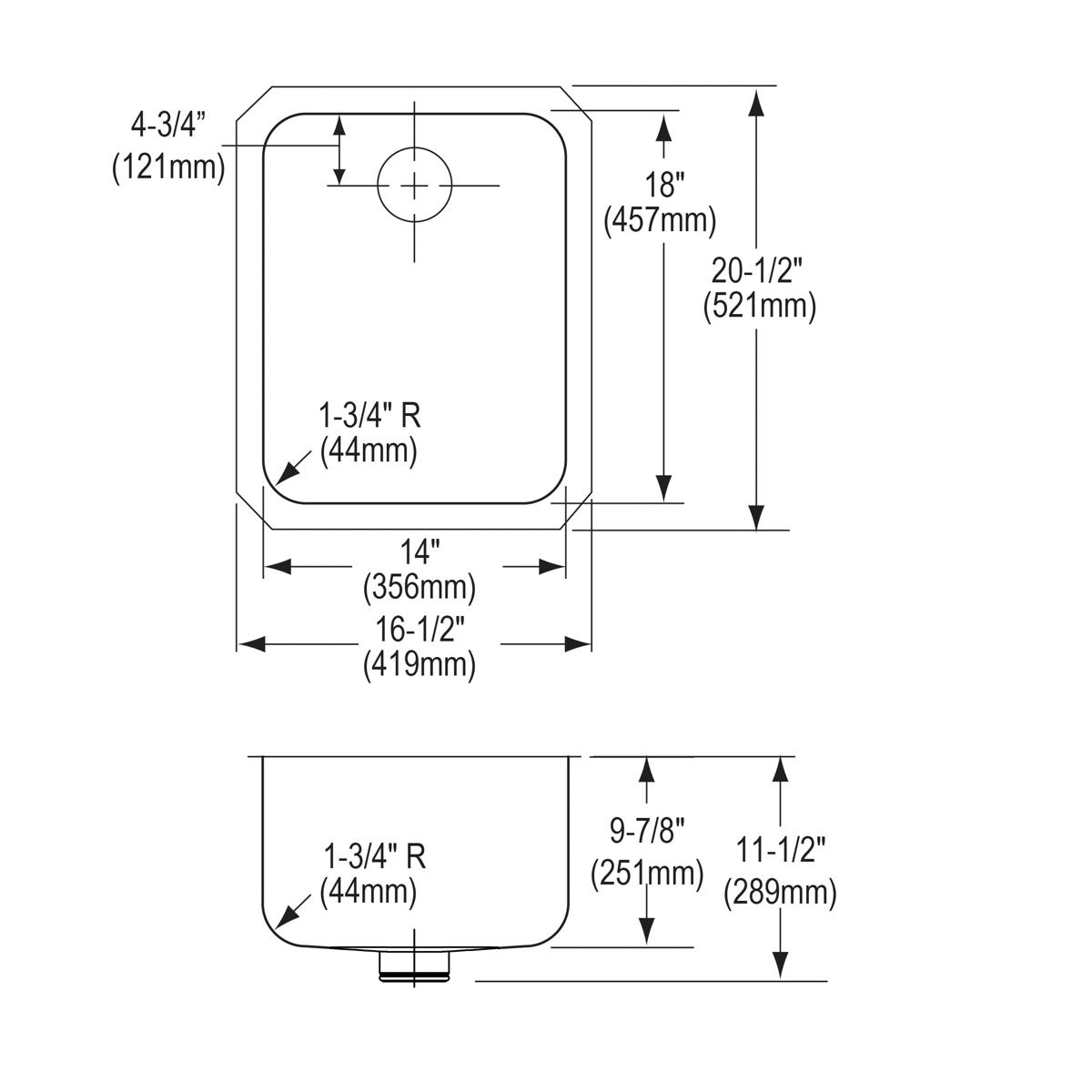 Technical specification diagram showing top and side views of a stainless steel undermount sink with dimensions and drain loc