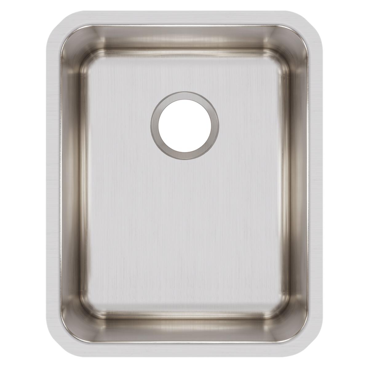 Stainless steel single bowl undermount sink with brushed finish and drain hole, rounded rectangular shape.