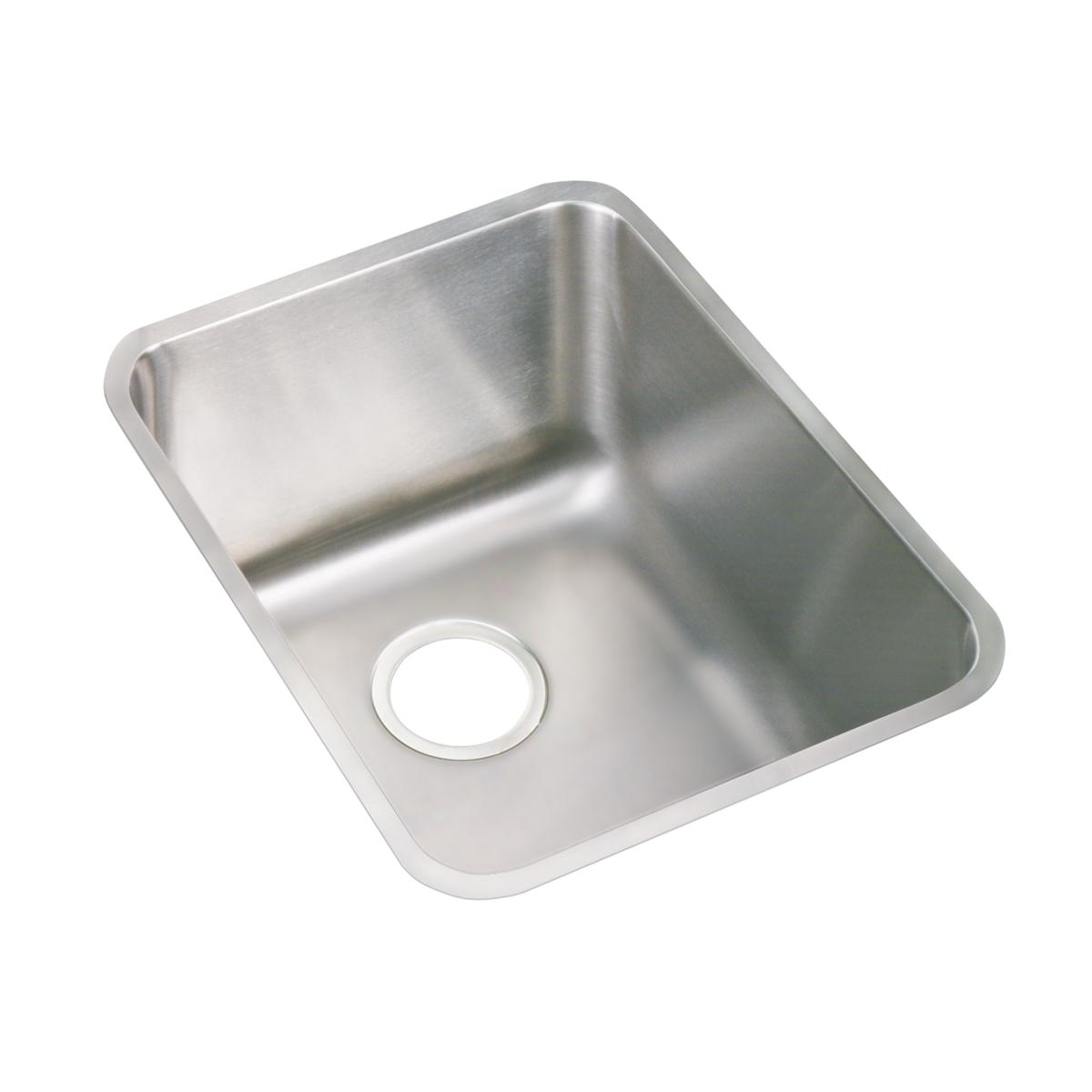Stainless steel single bowl undermount sink with rounded corners and drain hole, viewed from above at an angle.