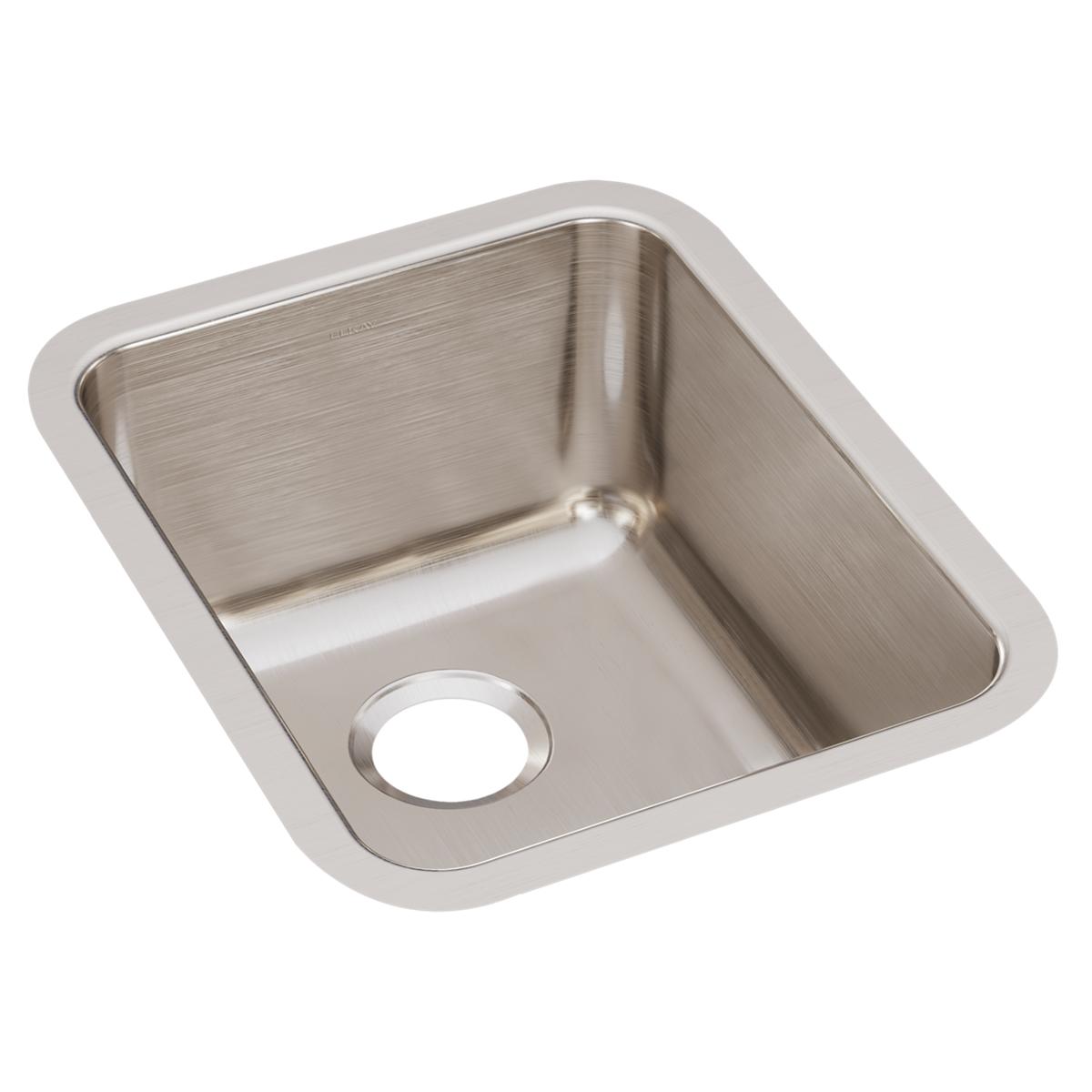 Stainless steel single bowl undermount sink with brushed finish and drain hole, viewed from above at an angle.