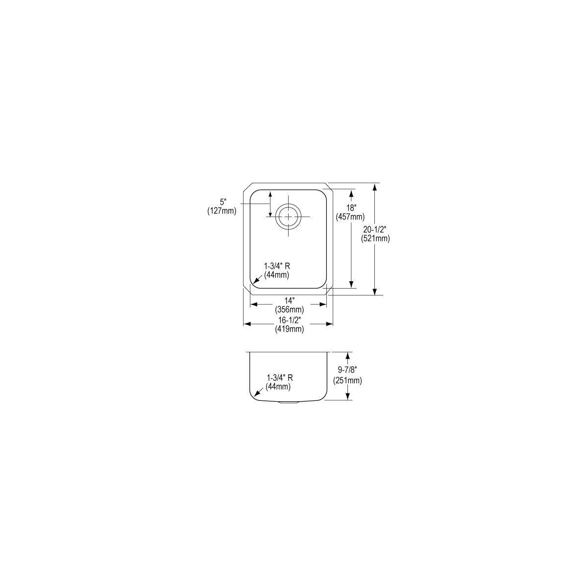 Single bowl stainless steel undermount sink with rounded corners and drain hole, shown in top and side technical drawings wit