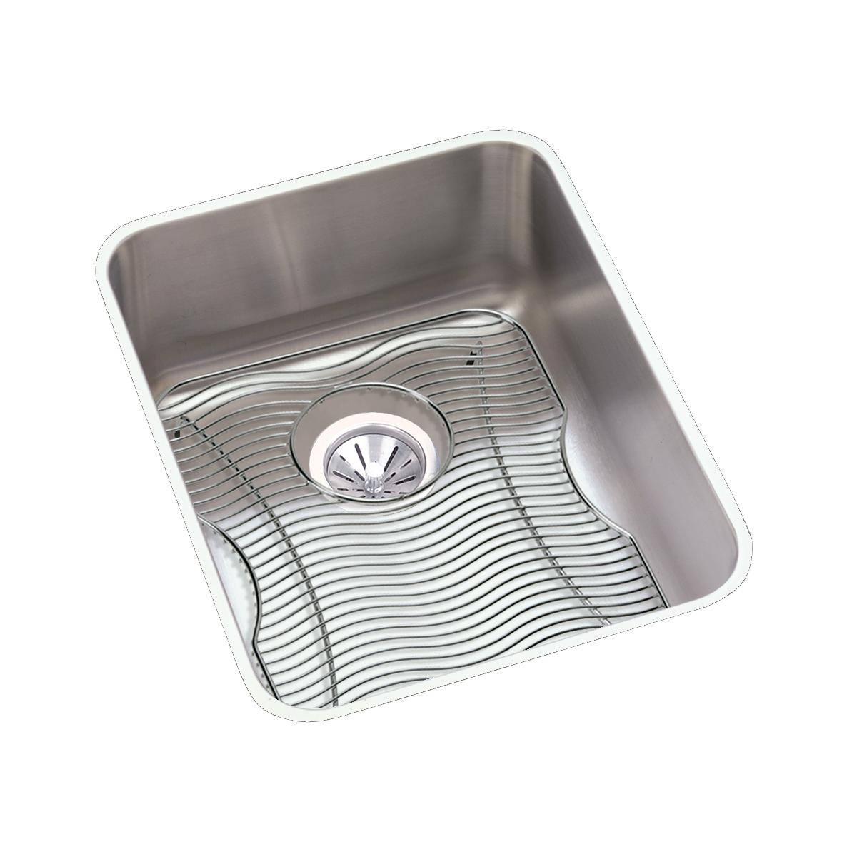 Stainless steel single bowl undermount sink with rounded corners, drain opening, and wave-pattern bottom grid insert.