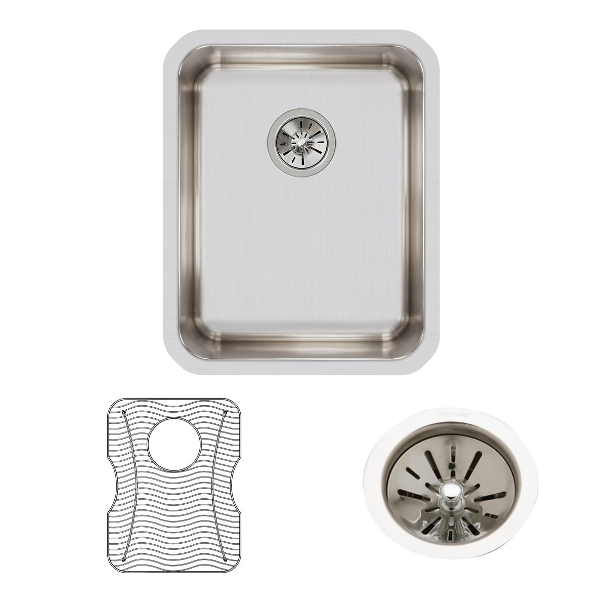Stainless steel undermount sink with rounded corners, drain basket, and cutting board, shown from top view.
