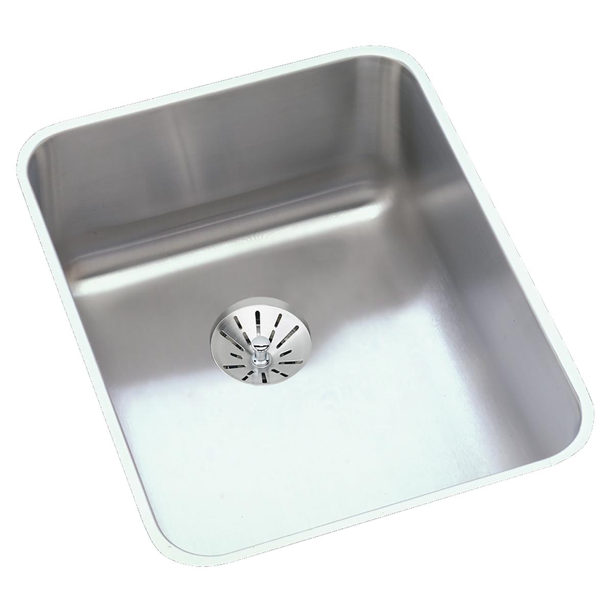Stainless steel single bowl undermount sink with drain, viewed from above at an angle.