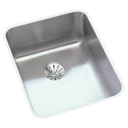 Stainless steel single-bowl undermount sink with drain opening and rounded corners, shown from above at an angle.