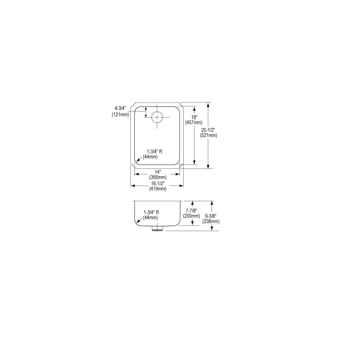 Technical drawing showing top and side views of a single bowl stainless steel undermount sink with dimensions and rounded cor