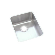 Stainless steel single bowl undermount sink with rounded corners and drain opening.