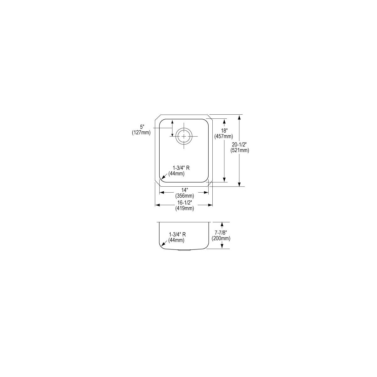 Stainless steel single bowl undermount sink with rounded corners, showing top view and side profile with drain hole and dimen