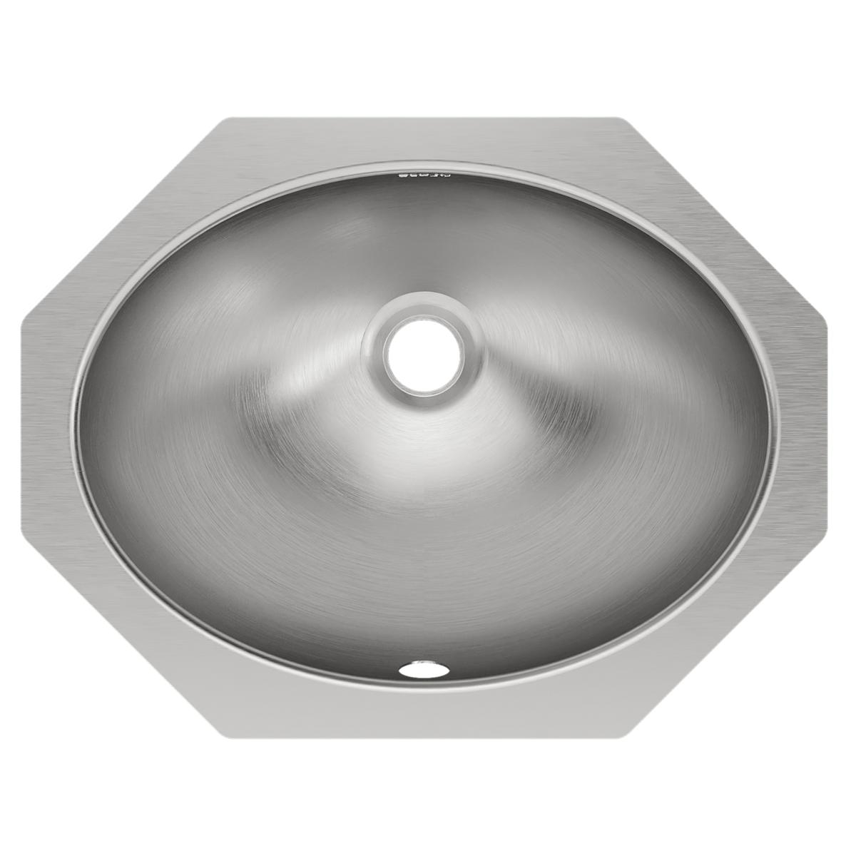 Stainless steel undermount bathroom sink with round bowl and single faucet hole, viewed from above.