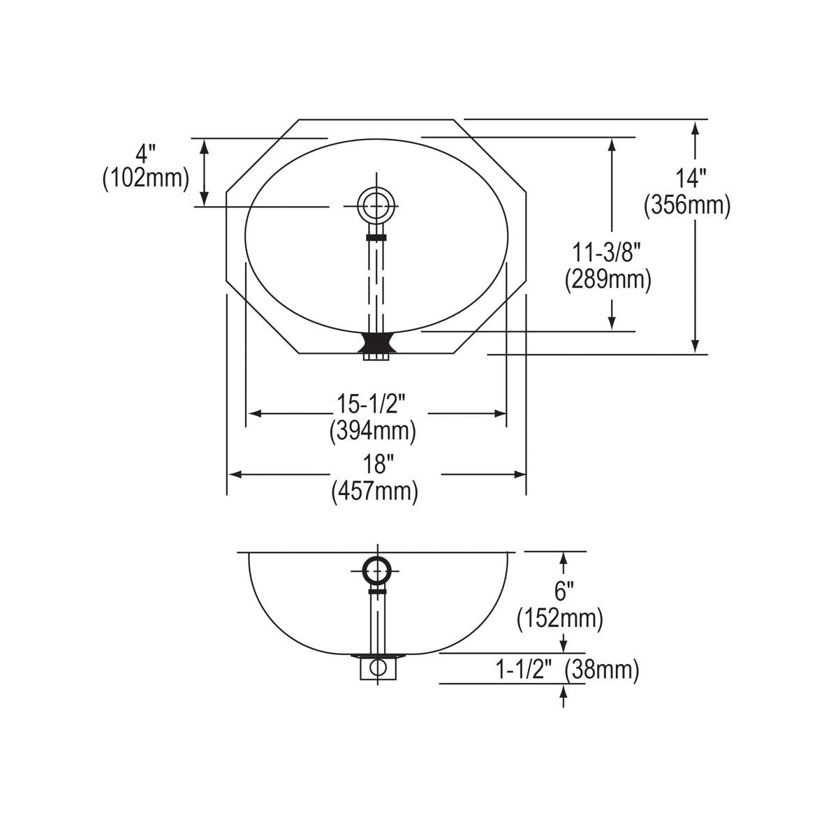 Technical schematic showing top and side views of a stainless steel undermount bathroom sink with oval bowl and dimension mea