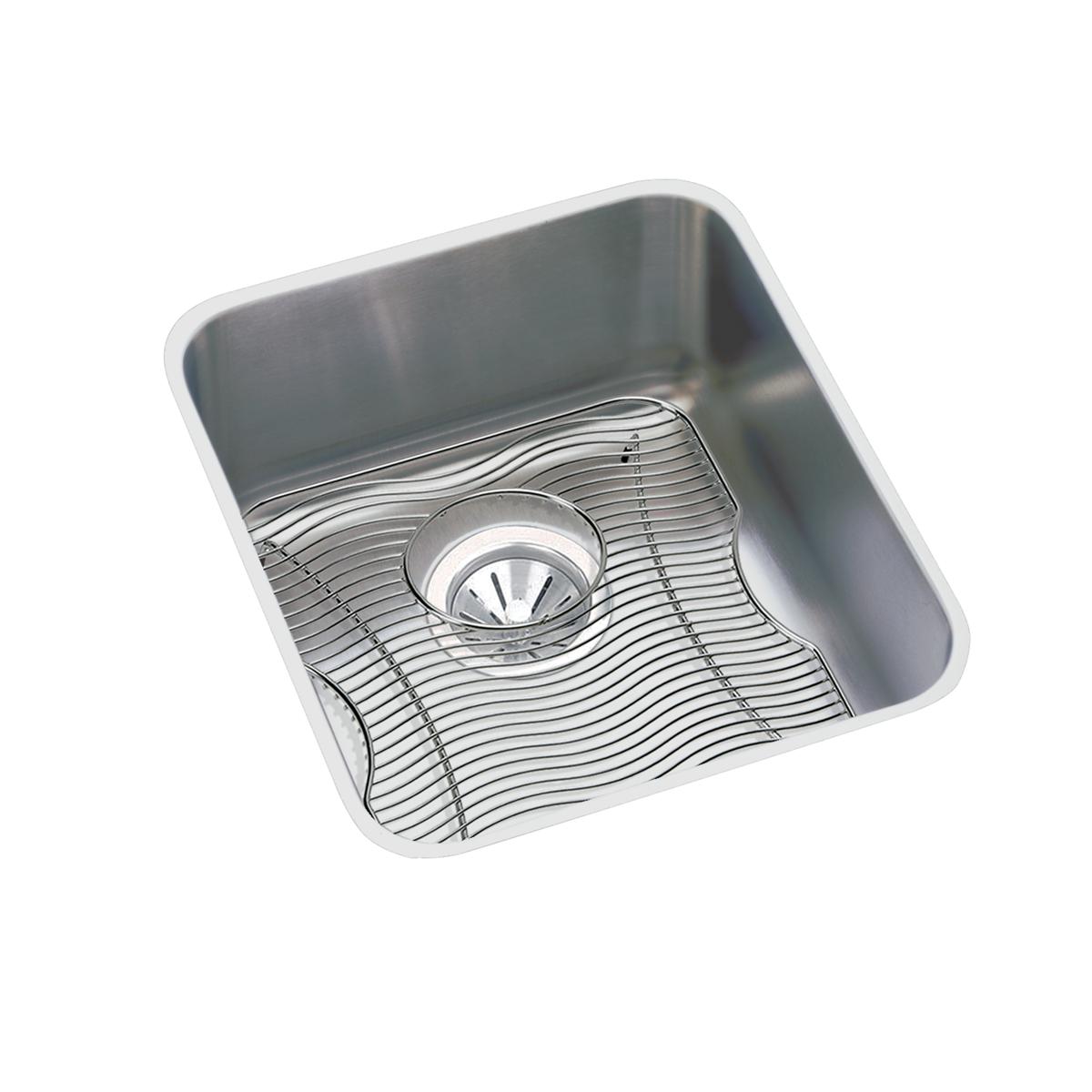 Stainless steel single bowl undermount sink with rounded corners, drain hole, and included bottom grid protector.