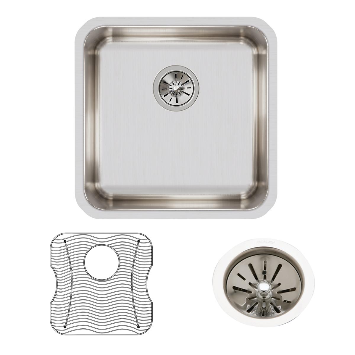 Stainless steel square undermount sink with rounded corners, drain basket, and protective grid mat included.
