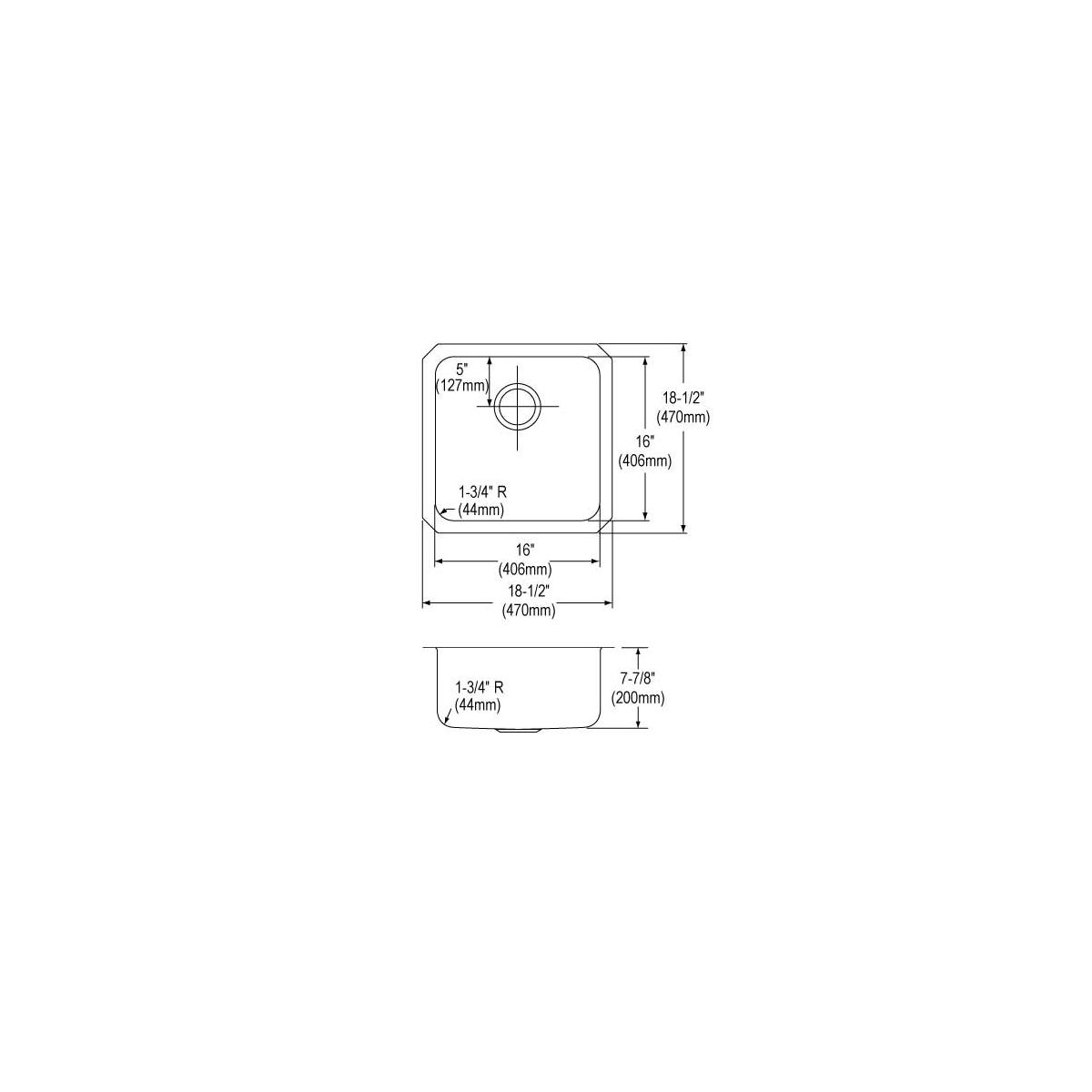 Technical schematic showing top and side views of a square stainless steel undermount sink with dimensions and rounded corner
