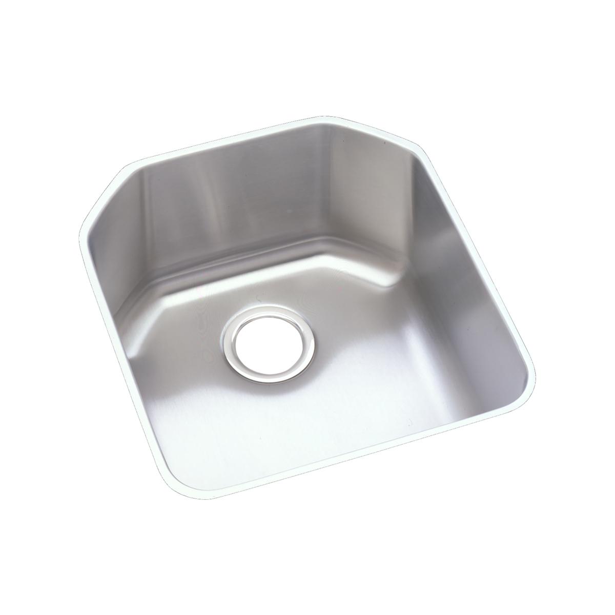 Stainless steel single bowl undermount sink with rounded corners and drain hole.