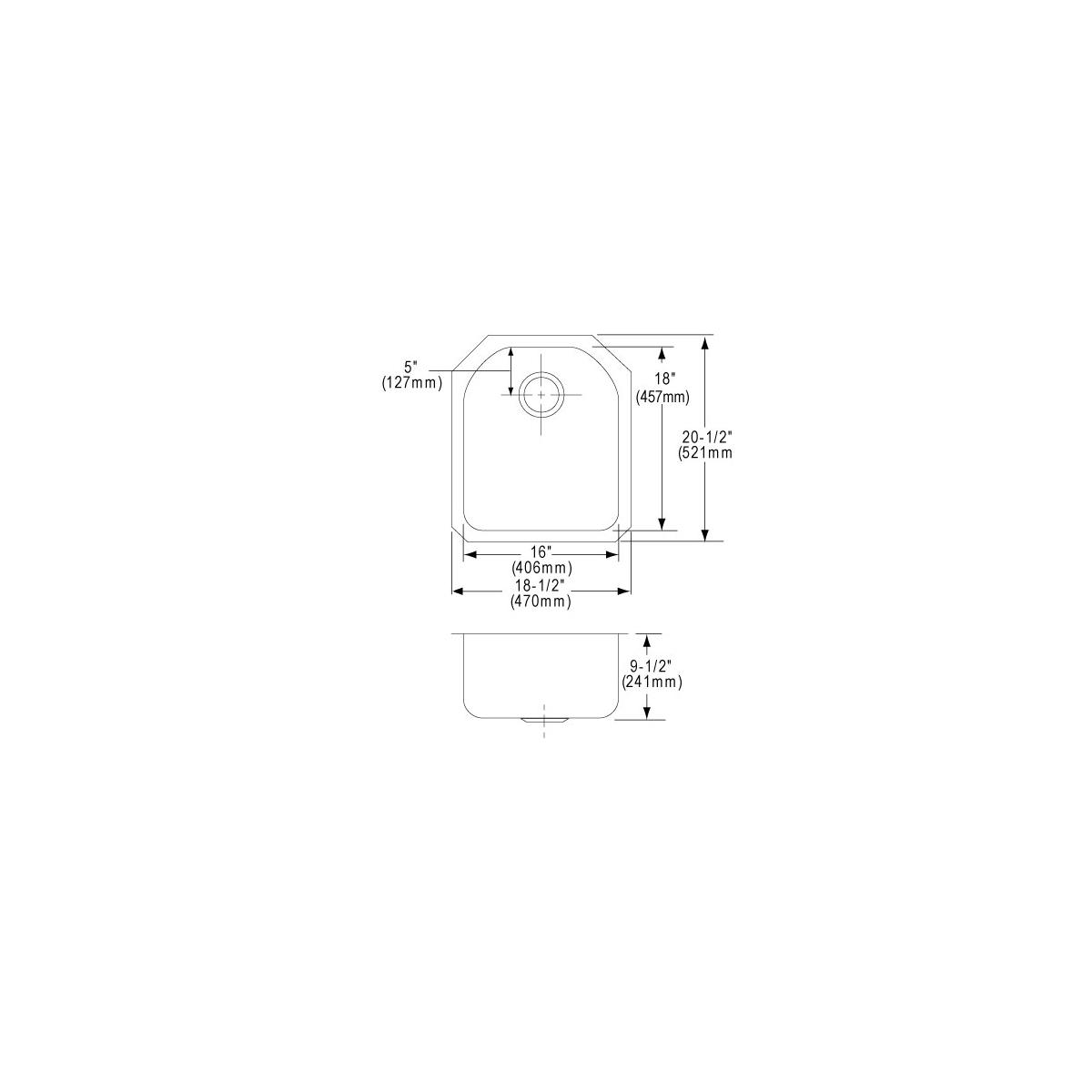 Stainless steel single bowl undermount sink with rounded corners and drain hole, shown in top and side elevation views with d